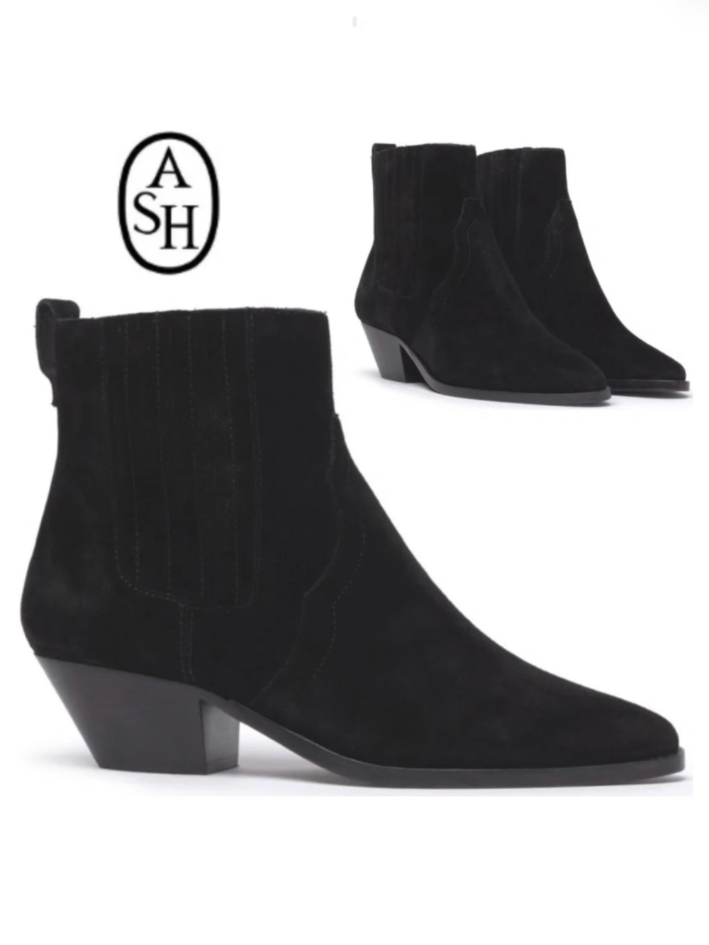 ASH Future Africa Black Suede Ankle Boots Block Heel Boho Western Booties 37